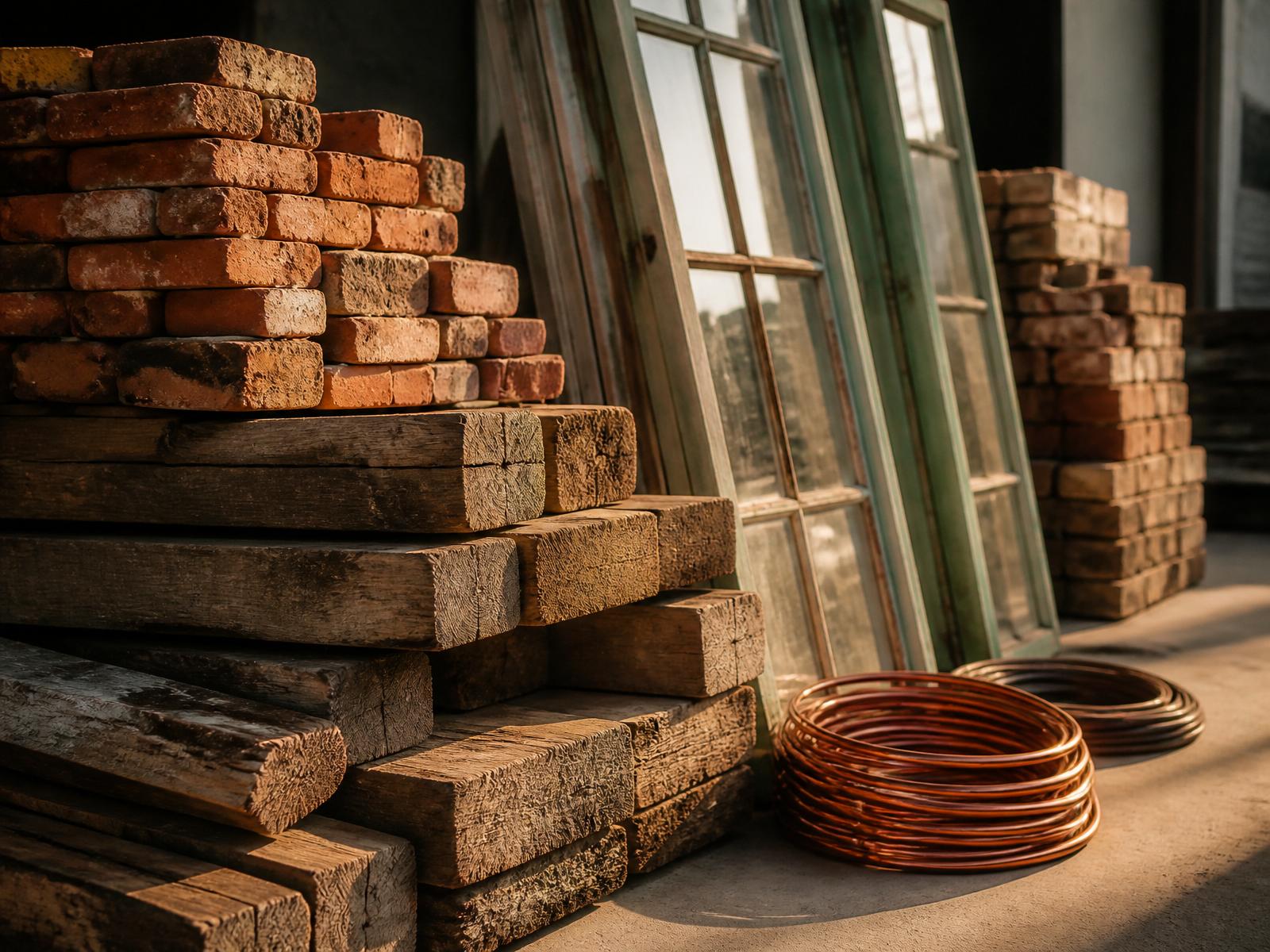 Stacked reclaimed lumber, salvaged windows and copper wire in warm afternoon light